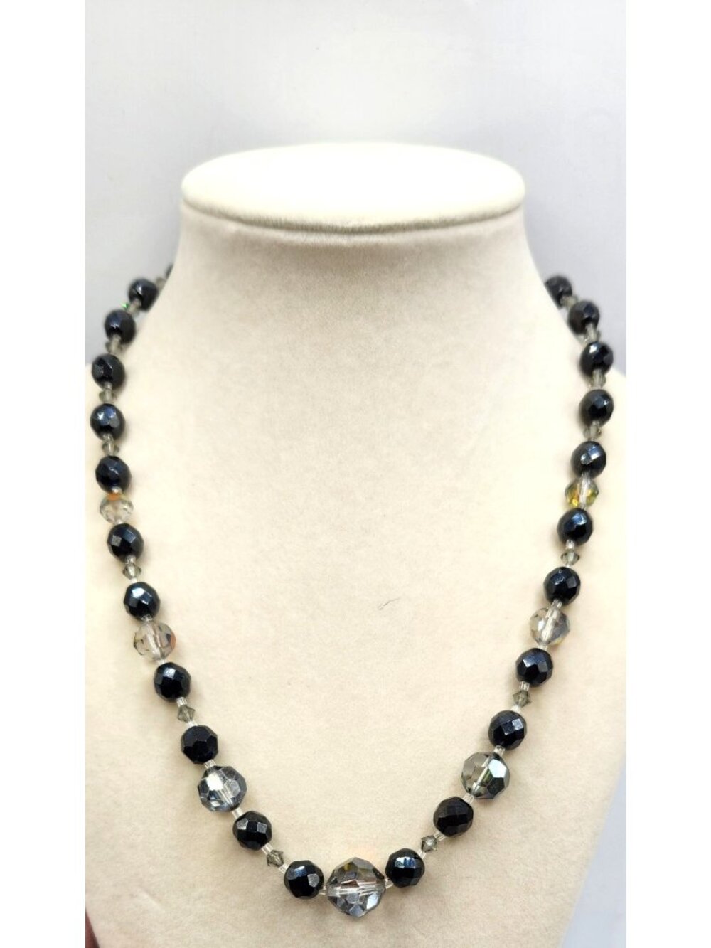 Black, Clear & AB Glass Bead Necklace - Vintage Silver Tone Clasp